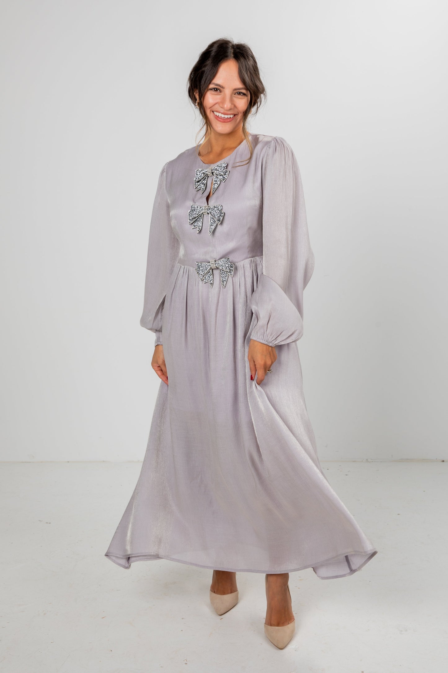 Radiant Occasion Silver Rhinestone Bow Maxi Dress