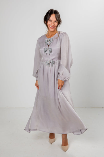 Radiant Occasion Silver Rhinestone Bow Maxi Dress