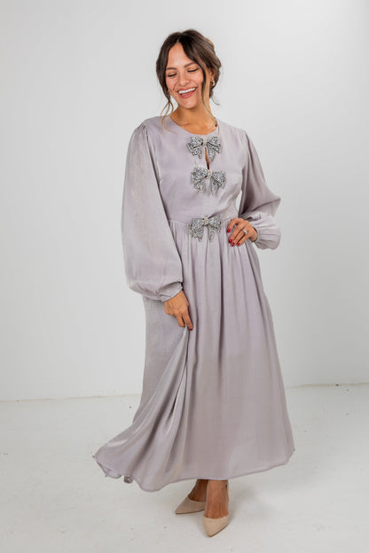 Radiant Occasion Silver Rhinestone Bow Maxi Dress