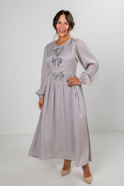 Radiant Occasion Silver Rhinestone Bow Maxi Dress