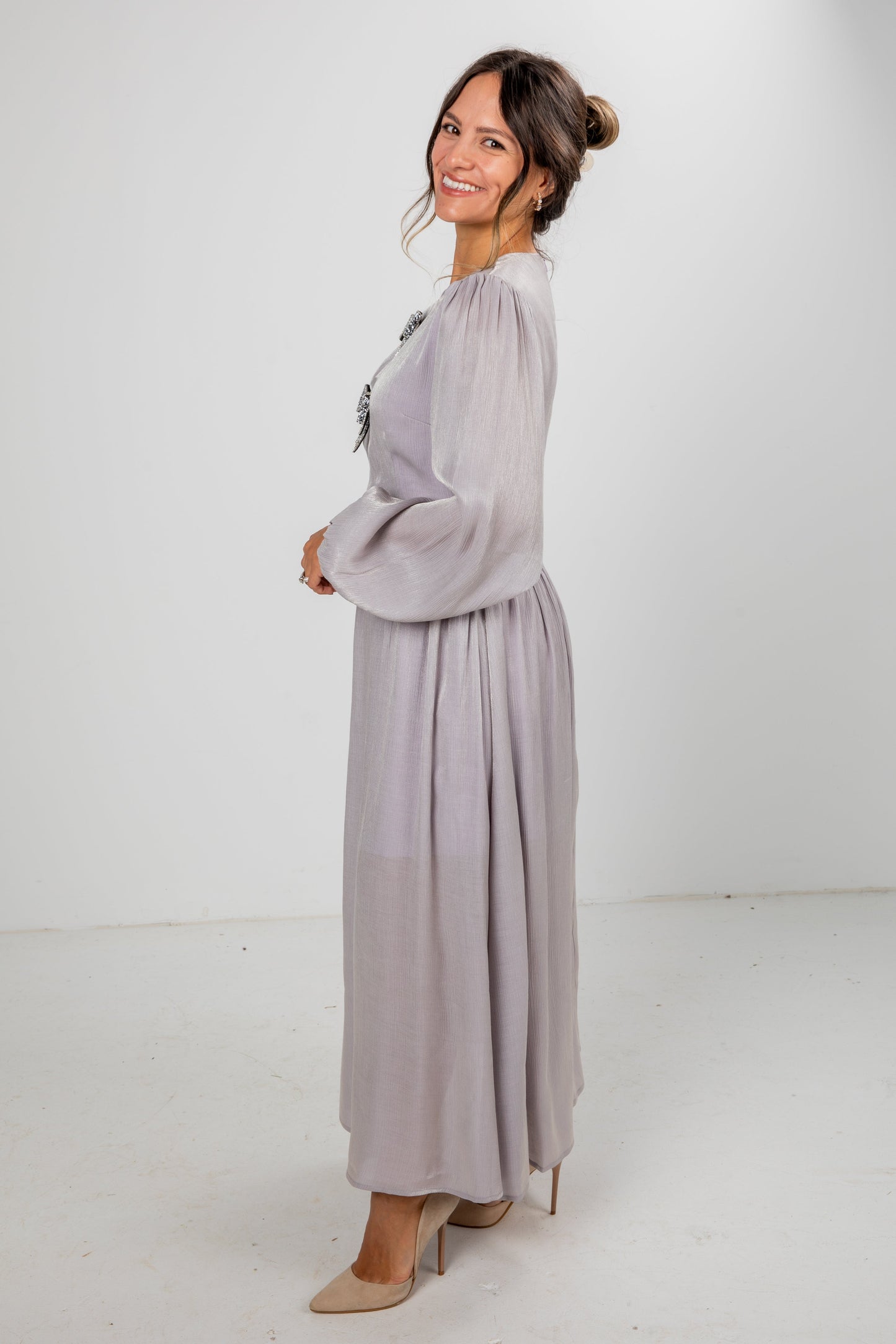 Radiant Occasion Silver Rhinestone Bow Maxi Dress