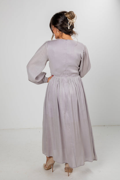 Radiant Occasion Silver Rhinestone Bow Maxi Dress