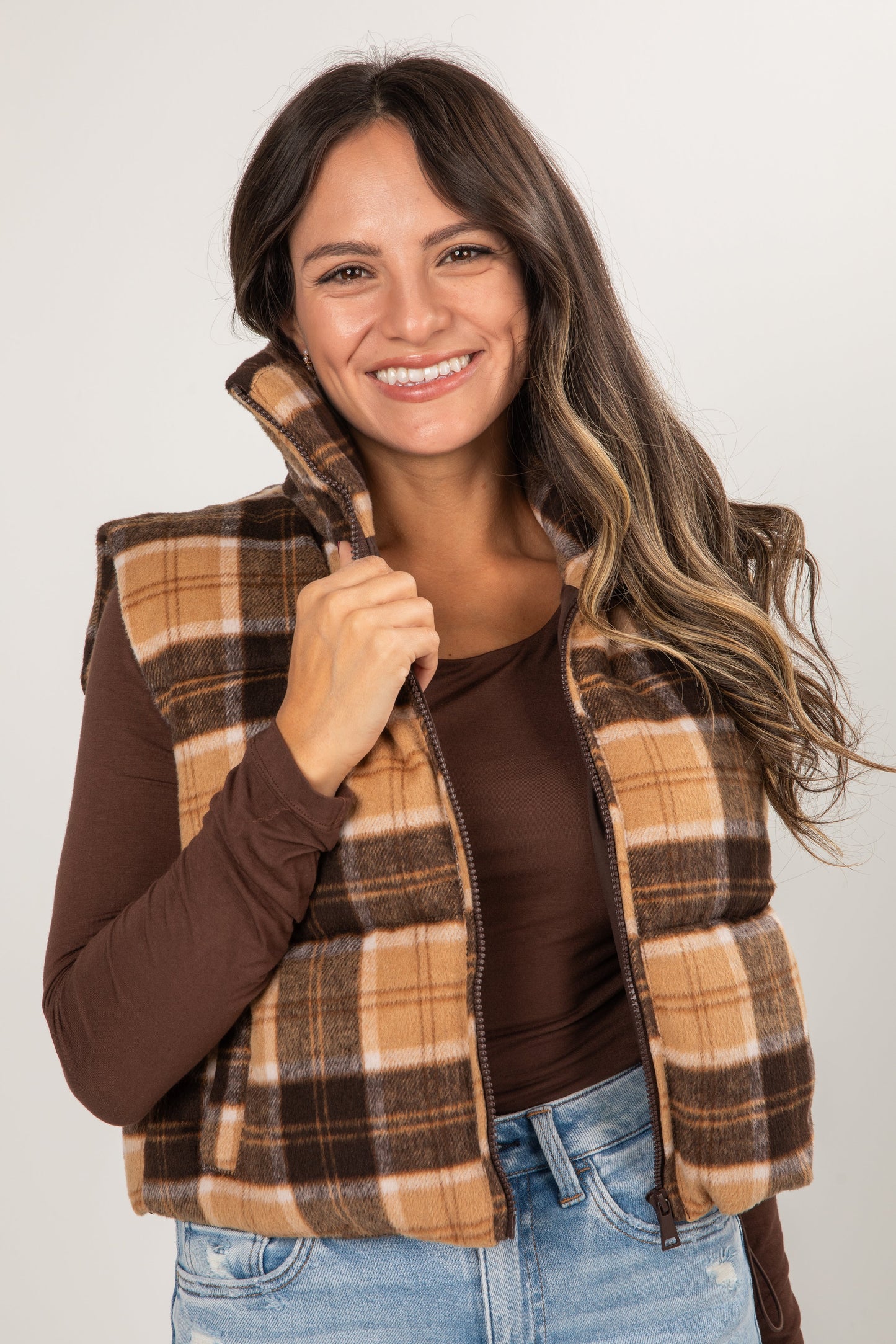 On Your Side Tan Plaid Puffer Vest - DOORBUSTER