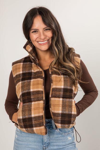 On Your Side Tan Plaid Puffer Vest - DOORBUSTER