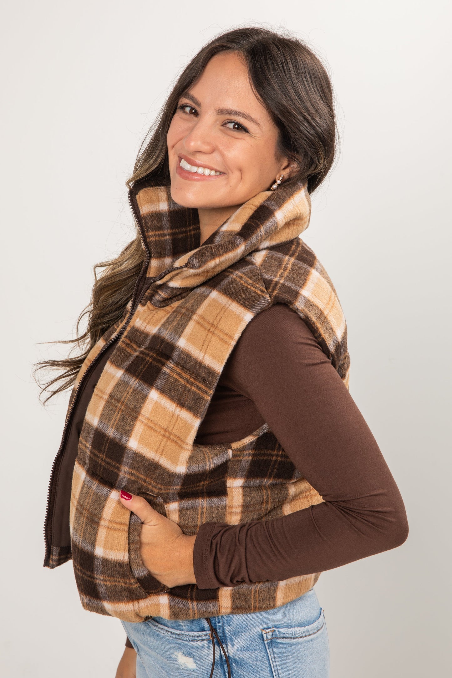 On Your Side Tan Plaid Puffer Vest - DOORBUSTER