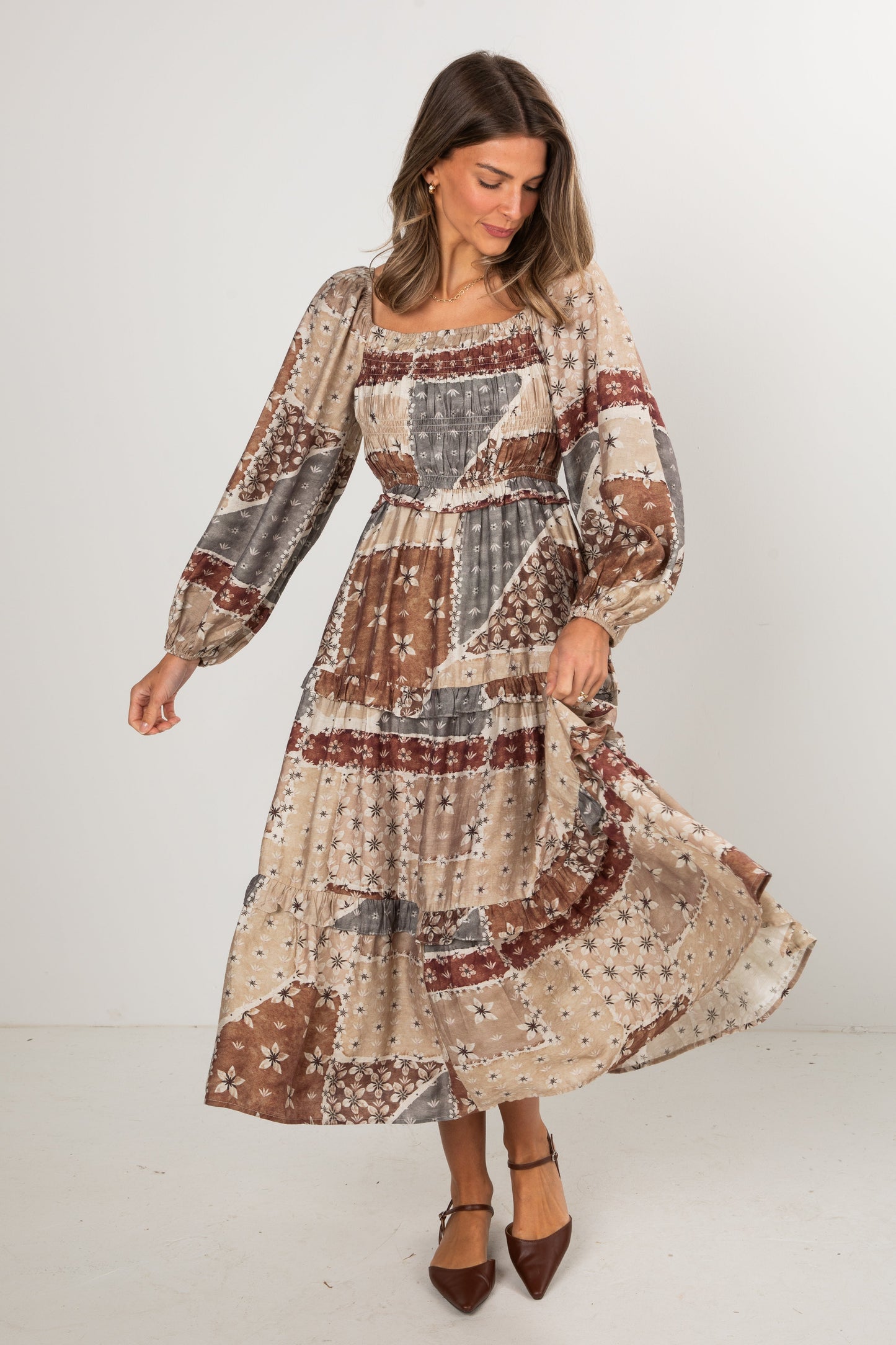 Big Day Taupe Floral Patchwork Tiered Maxi Dress