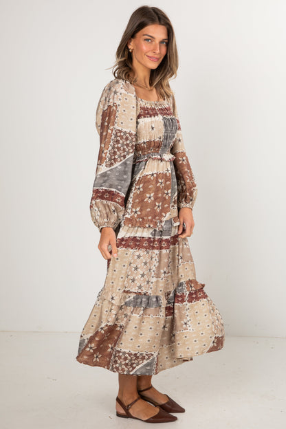 Big Day Taupe Floral Patchwork Tiered Maxi Dress