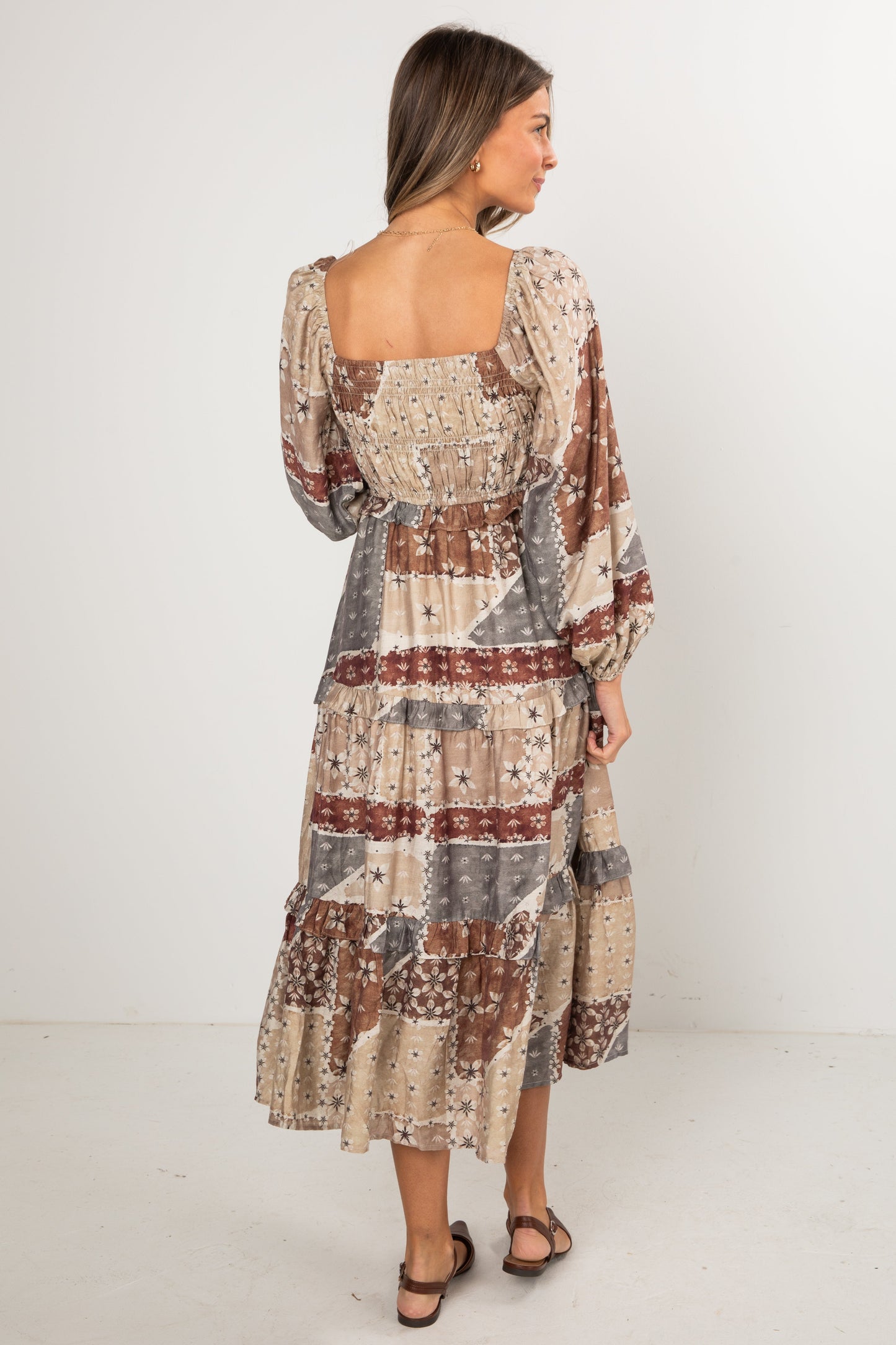 Big Day Taupe Floral Patchwork Tiered Maxi Dress