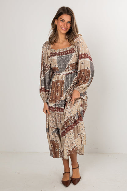 Big Day Taupe Floral Patchwork Tiered Maxi Dress