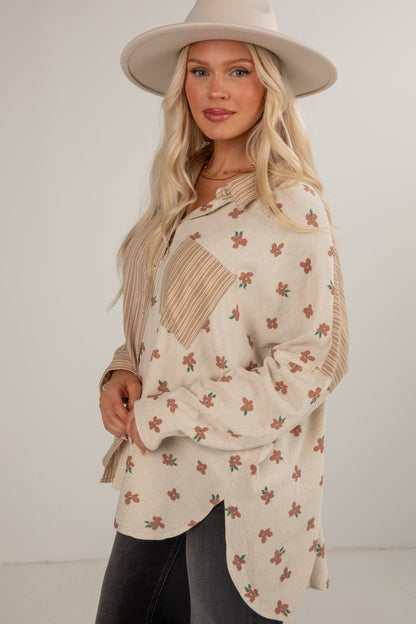 Living The Dream Taupe Floral Striped Button-Up Blouse