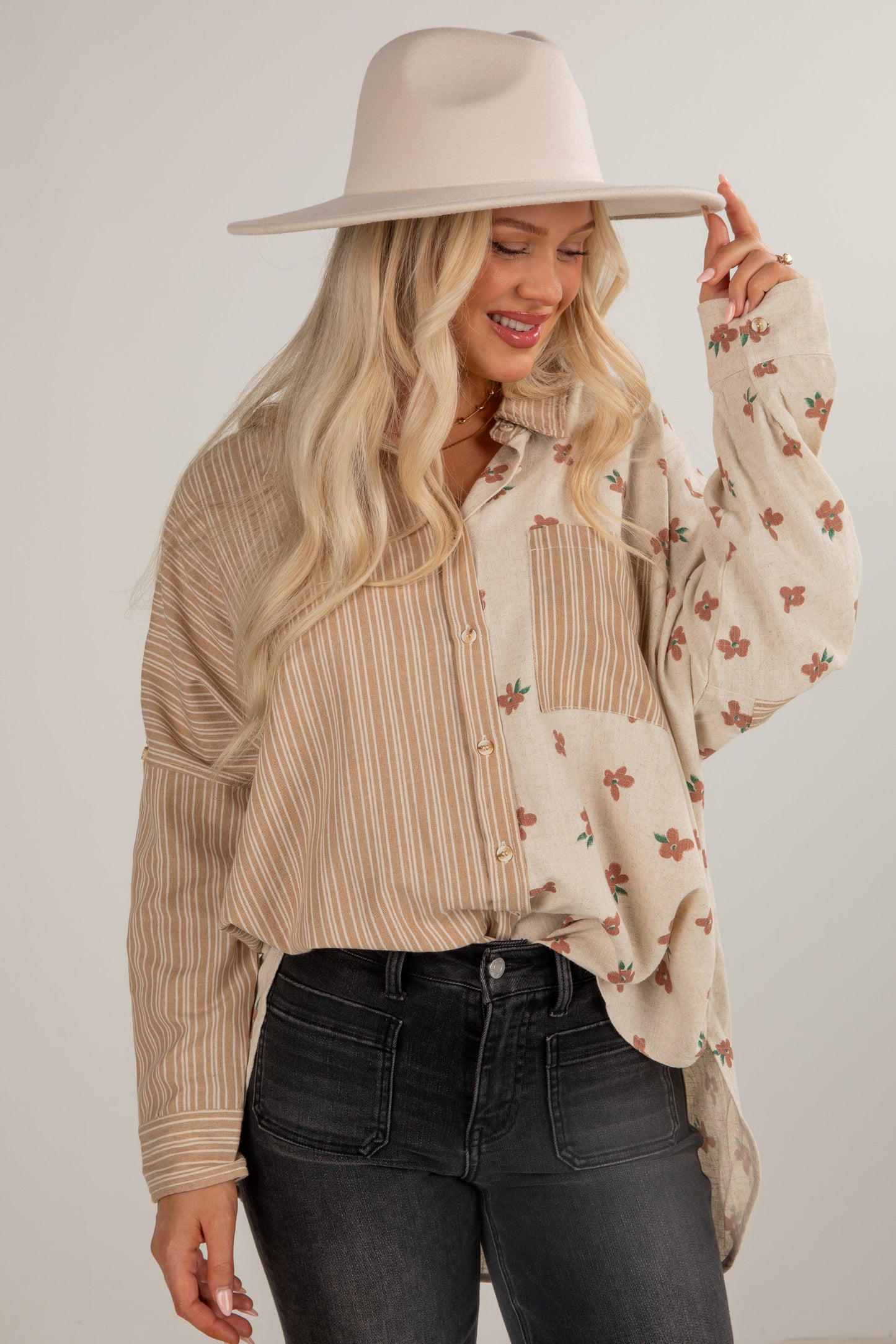 Living The Dream Taupe Floral Striped Button-Up Blouse