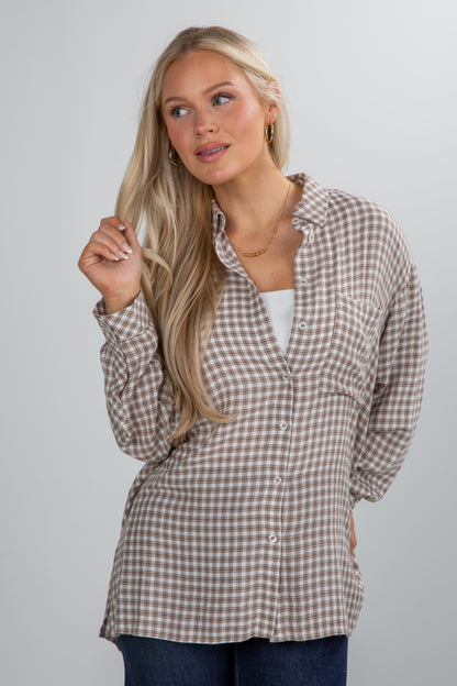 Superbly Stunning Taupe Plaid Button-Up Blouse
