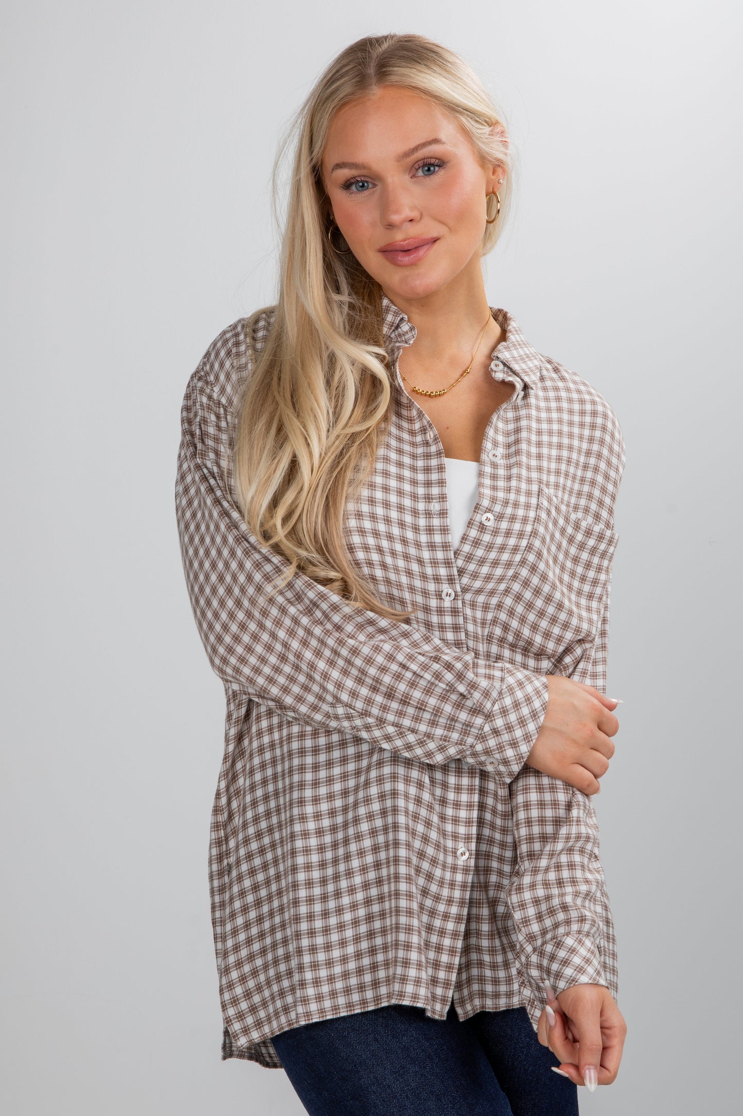 Superbly Stunning Taupe Plaid Button-Up Blouse