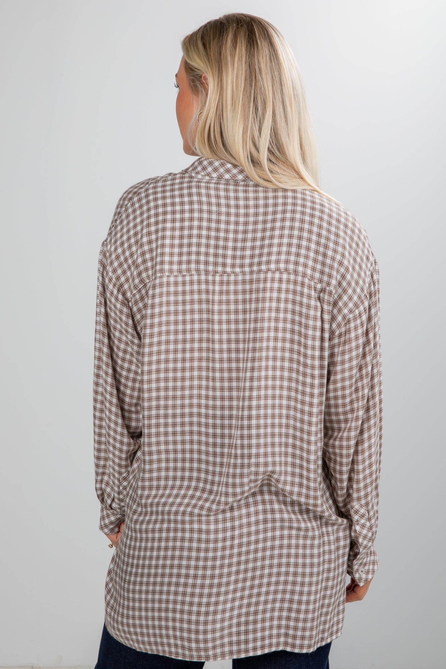 Superbly Stunning Taupe Plaid Button-Up Blouse