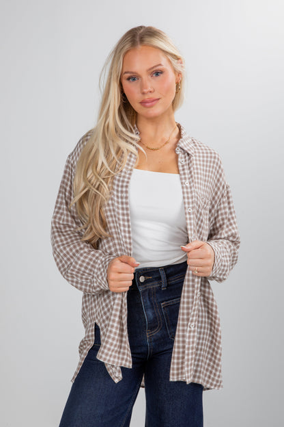 Superbly Stunning Taupe Plaid Button-Up Blouse