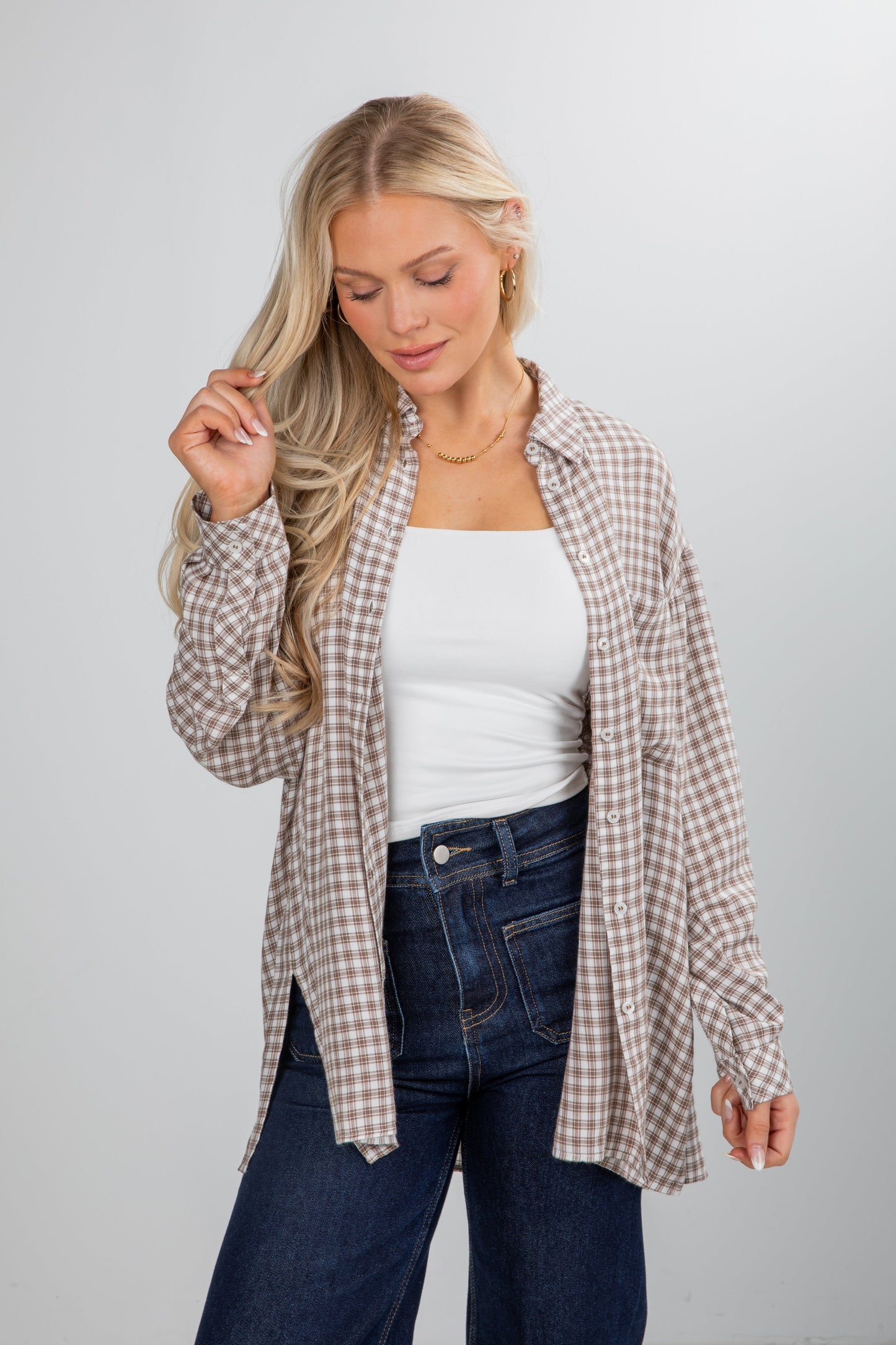 Superbly Stunning Taupe Plaid Button-Up Blouse