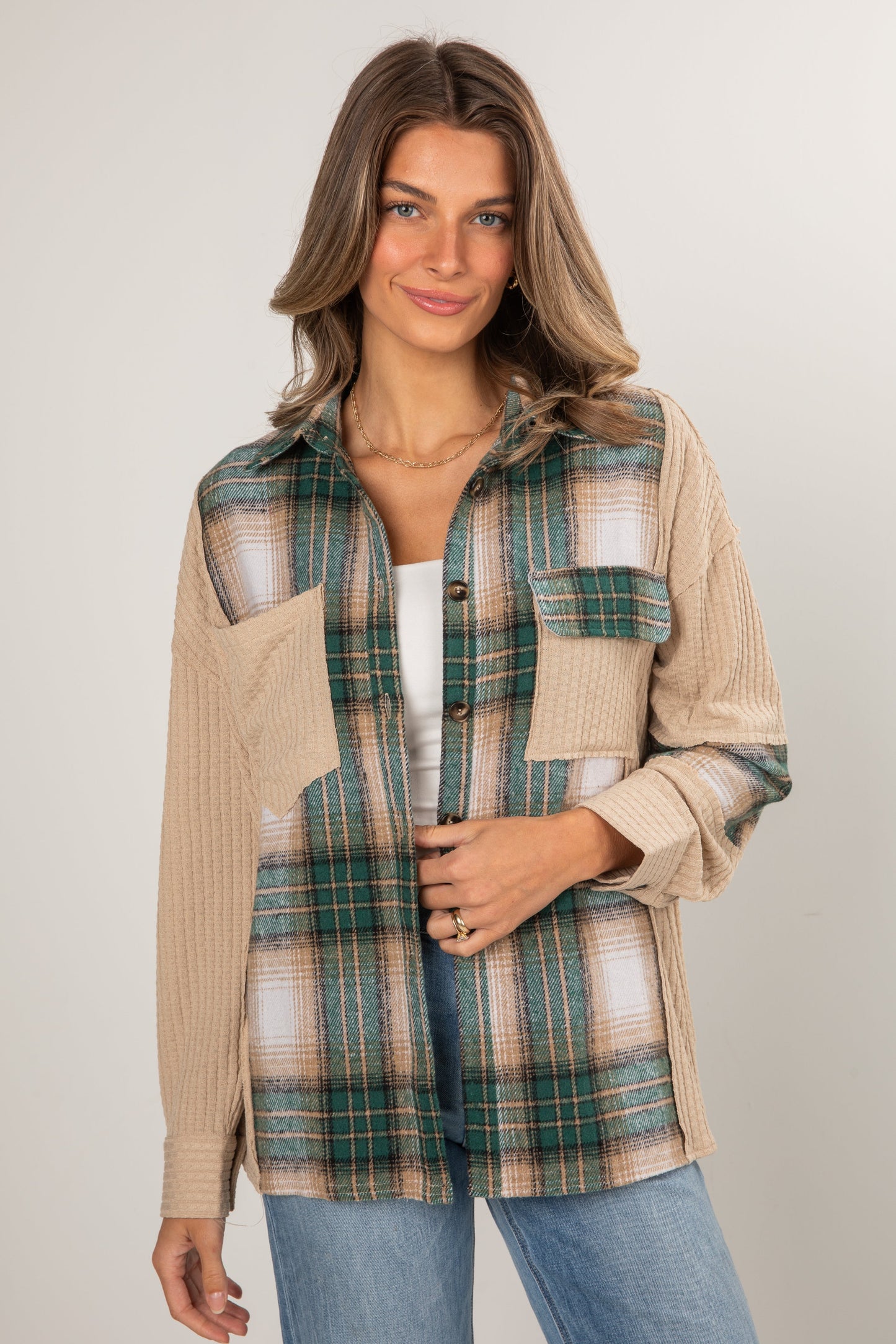In A Dream Taupe Waffle Knit Contrast Flannel - DOORBUSTER